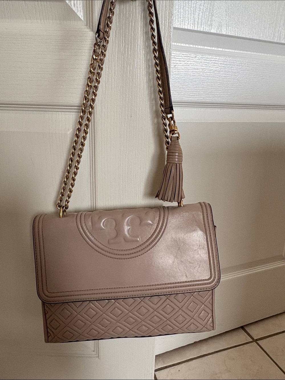 Tory Burch Taupe Quilted Leather Chain Shoulder Bag